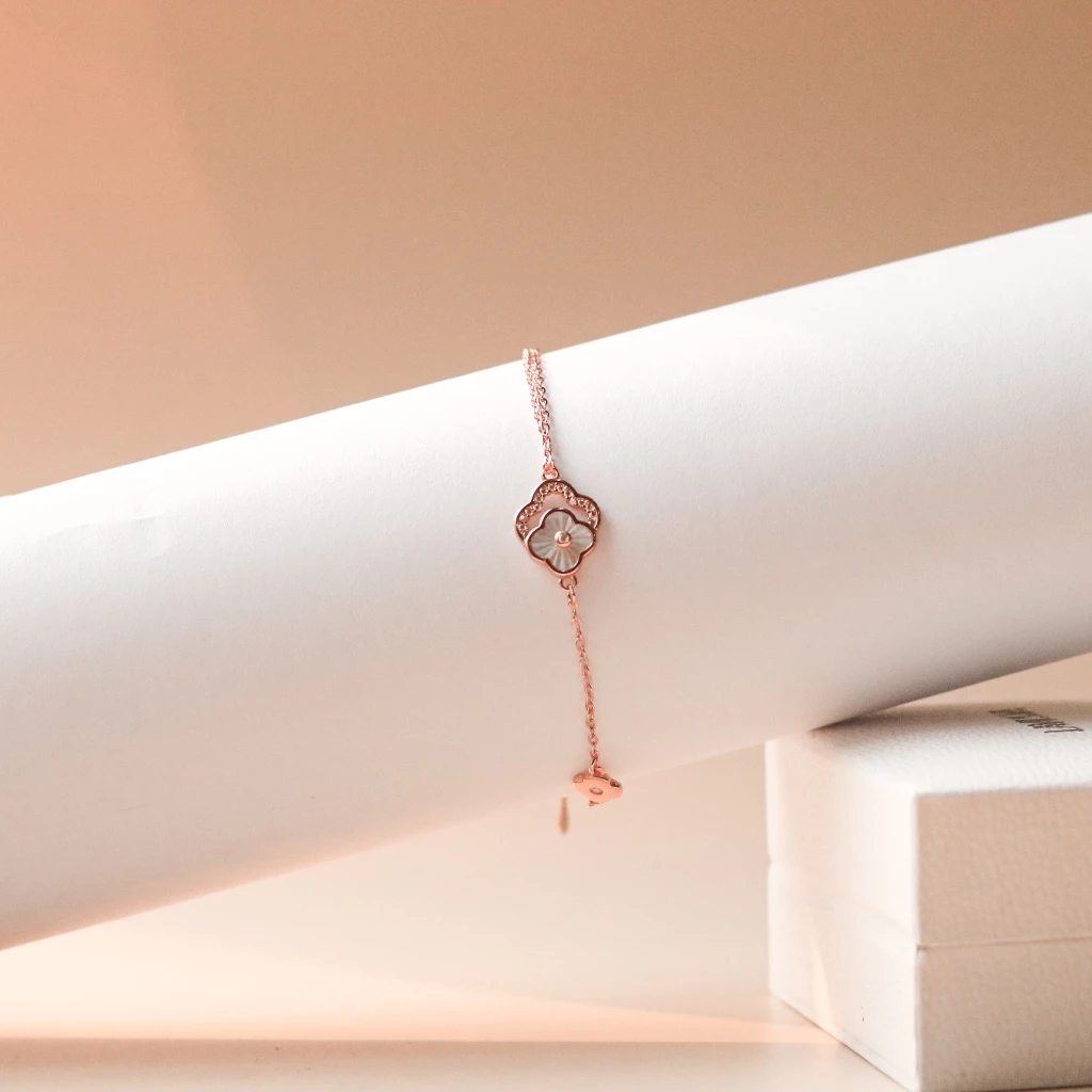 Lắc tay bạc nữ mạ vàng hồng 18K cao cấp LAVESTA LAV061 cỏ 4 lá đôi thiết kế mới sang chảnh, thời thượng Dorothy - Ảnh 3