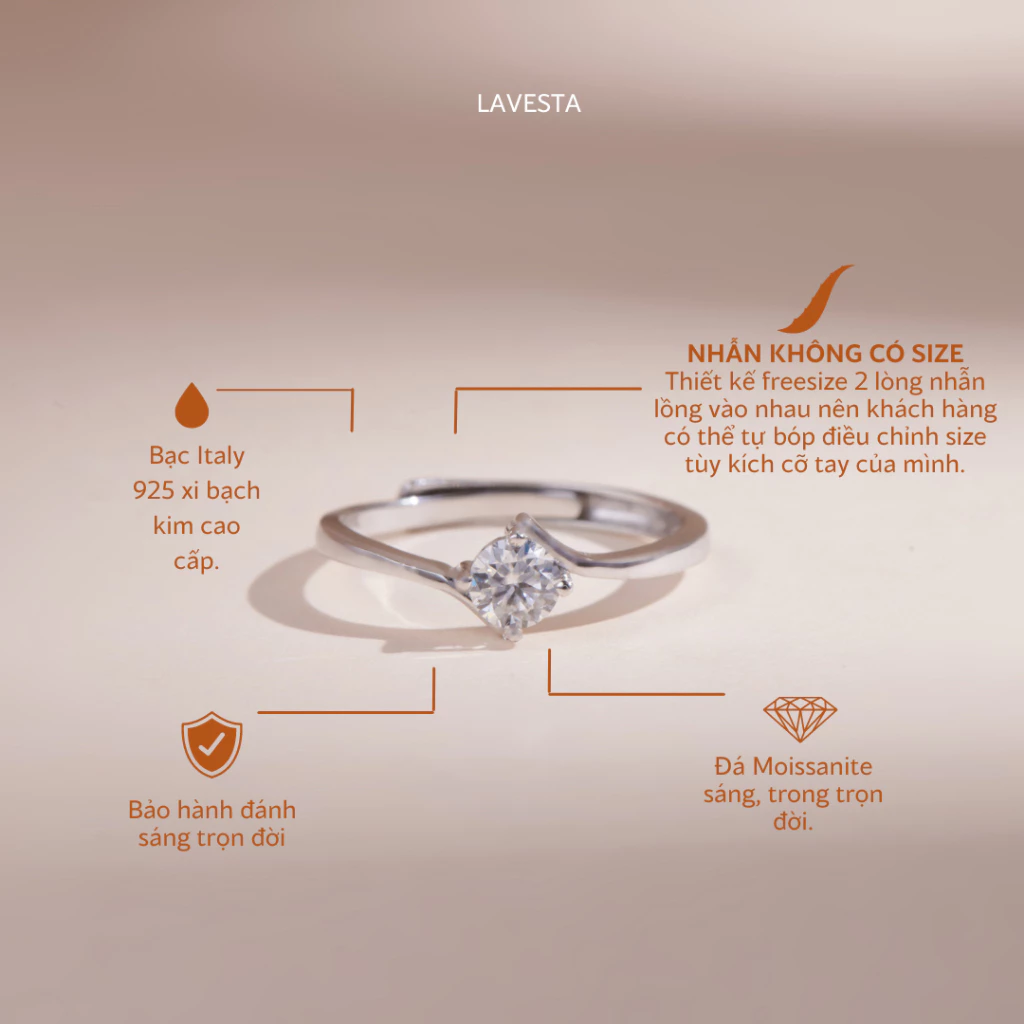 Nhẫn nữ bạc xi bạch kim đá Moissanite 4.5 ly kiểm định GRA LAVESTA KC91 tinh tế, hiện đại - Ảnh 2