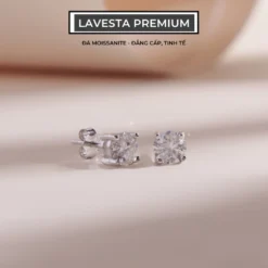 Bông tai nam, nữ bạc xi bạch kim đá Moissanite 5 ly kiểm định GRA LAVESTA KC53 thiết kế Basic hiện đại