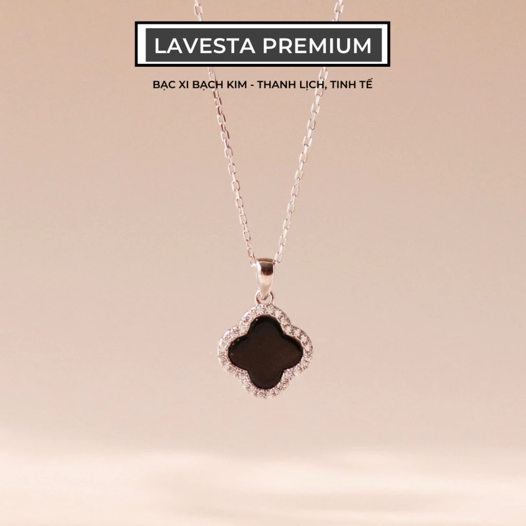 Dây chuyền nữ bạc xi bạch kim LAVESTA LAV058 thiết kế cỏ 4 lá mặt đá đen Azura Necklace thanh lịch