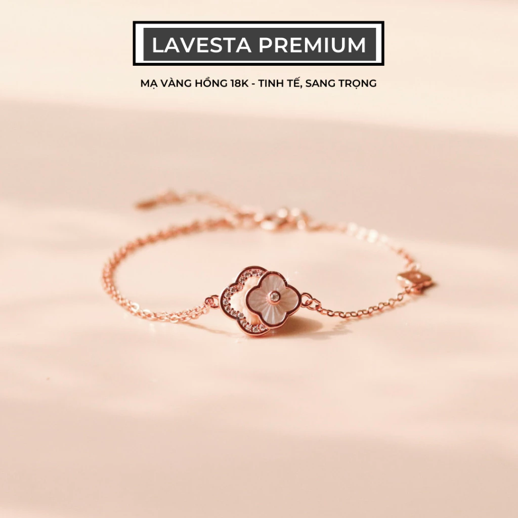 Lắc tay bạc nữ mạ vàng hồng 18K cao cấp LAVESTA LAV061 cỏ 4 lá đôi thiết kế mới sang chảnh, thời thượng Dorothy