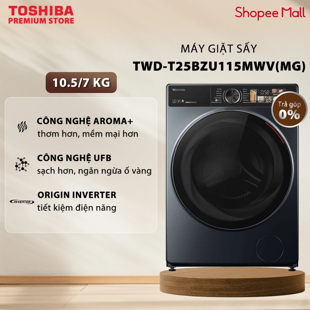 Máy Giặt Sấy Toshiba Inverter Giặt 10.5 kg - Sấy 7 kg TWD-T25BZU115MWV(MG) - Giặt Thông Minh - Màn Hình Màu