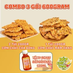 Combo 3 gói 600g cơm cháy (400g chà bông + 200g mắm hành) + kèm 1 chai sốt gỏi thái - bếp chè thái